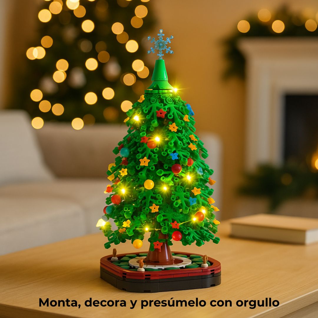 Árbol navideño de construcción expuesto en salón decorado; idea para montar y mostrar como centro festivo en el hogar
