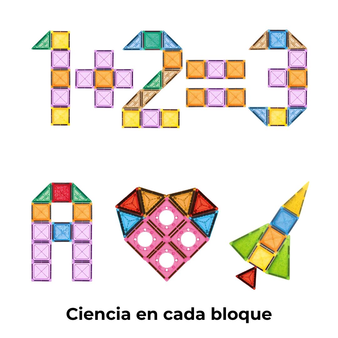 Ejemplos de números, letras y formas construidos con bloques magnéticos; ciencia en cada bloque