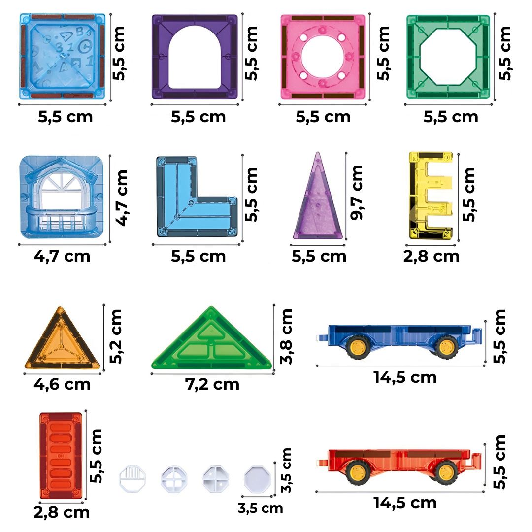 Presentación de piezas de bloques magnéticos con medidas en centímetros