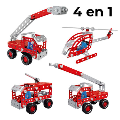 Cuatro vehículos de bomberos construidos con el kit metálico de 121 piezas