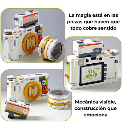 Vistas de la cámara y sus piezas extraíbles: lente, ruleta y botones; detalle mecánico y ensamblaje preciso en cada componente.