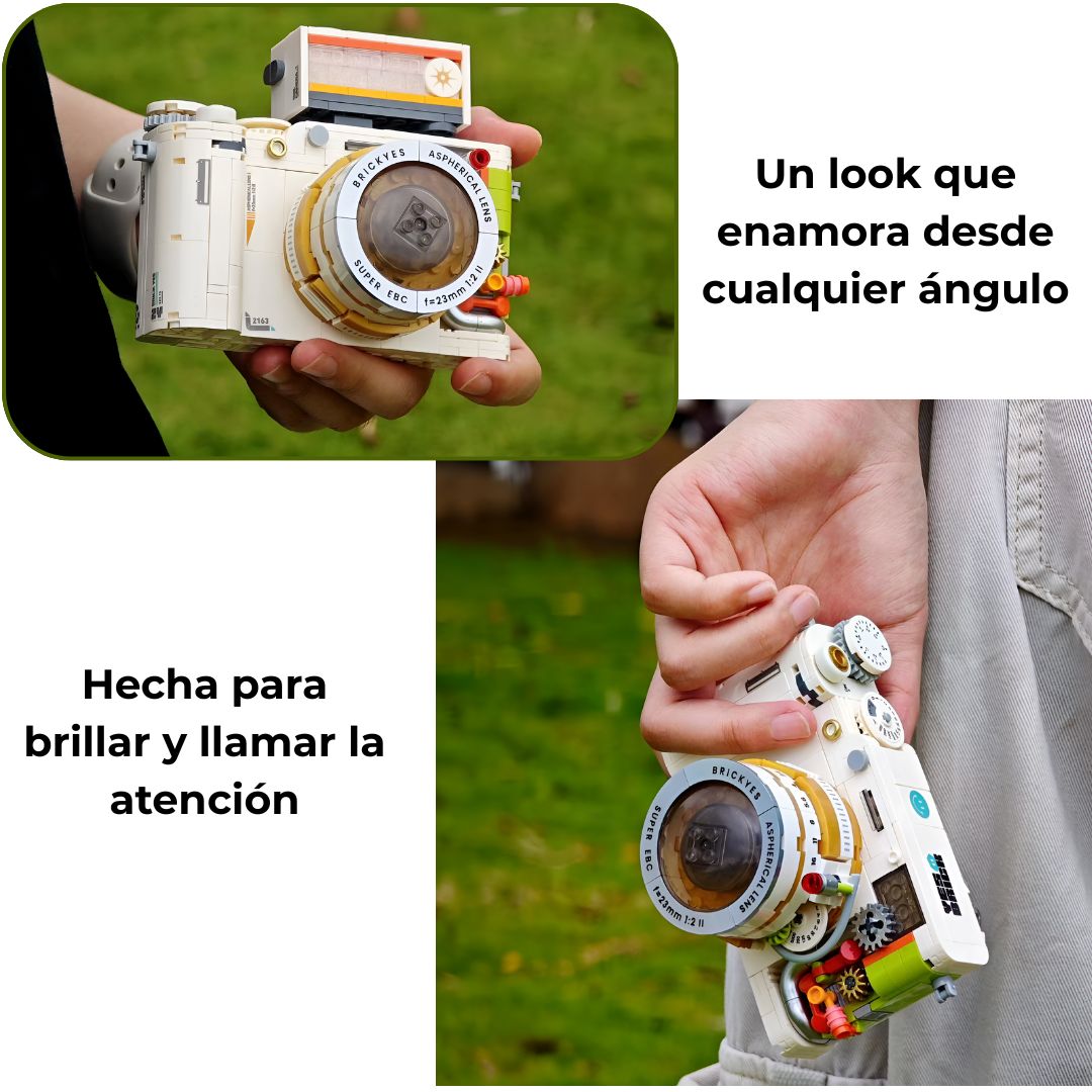 Cámara de mini bloques sostenida en mano para mostrar tamaño y acabado táctil; diseño llamativo y perfecto para exposición