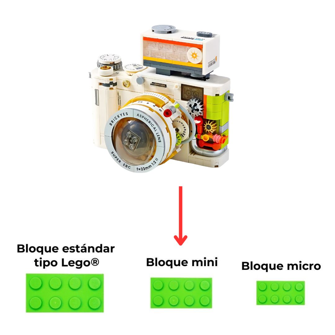 Cámara construida con mini bloques no compatibles con LEGO, ideal para un desafío creativo
