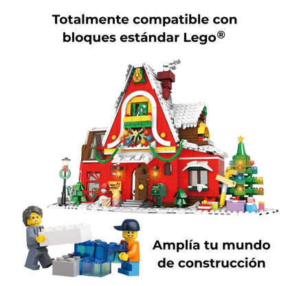 Maqueta navideña de bloques compatible con ladrillos estándar, 1301 piezas; minifiguras con piezas en mano muestran integración perfecta en tu colección.