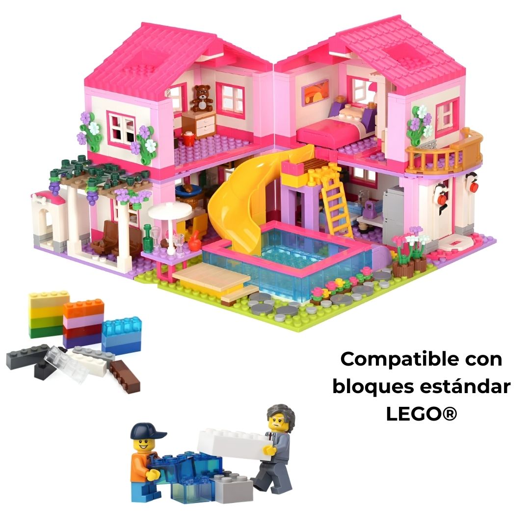 Villa 3-en-1 junto a minifiguras y ladrillos LEGO; compatible con bloques LEGO estándar para ampliar tus escenas.
