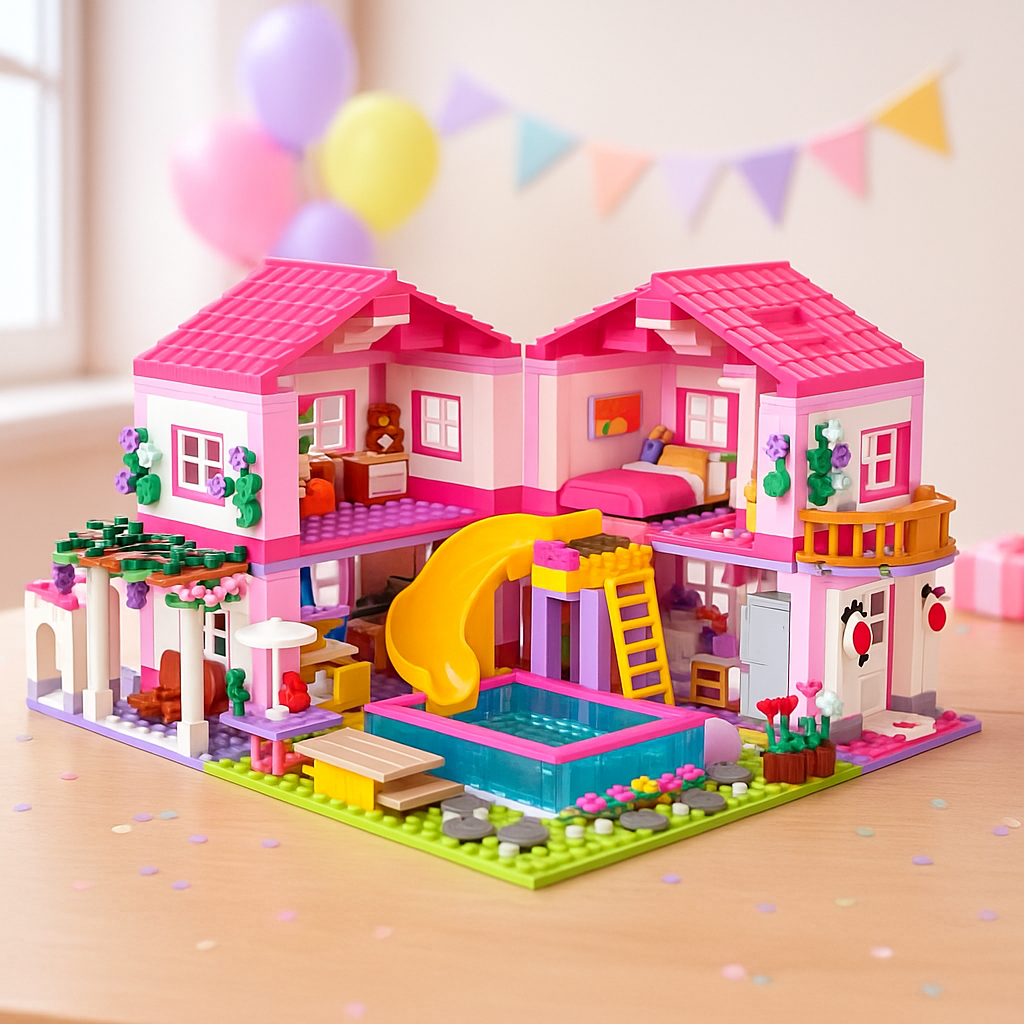 Villa veraniega 3-en-1 sobre mesa en fiesta de cumpleaños, 1018 piezas — regalo perfecto para niños y coleccionistas.