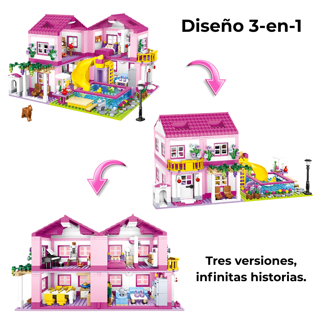Tres variantes de montaje de la villa veraniega: modular, versátil y rejugable con las mismas 1018 piezas.
