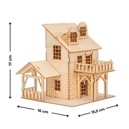 Modelo A de casa de madera 3D con medidas en cm visibles; fotografía sobre fondo blanco mostrando proporciones y acabado.