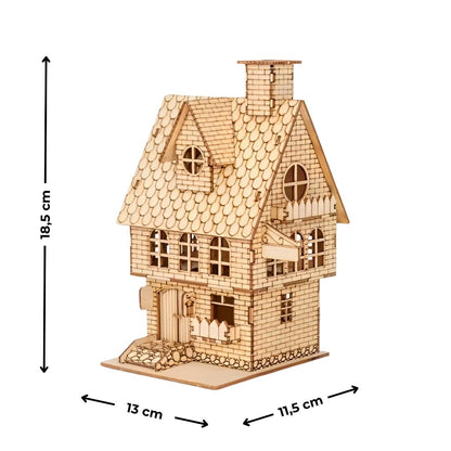 Modelo B de casa en madera 3D con medidas en cm; imagen sobre fondo blanco pensada para ficha de producto y comparativa.