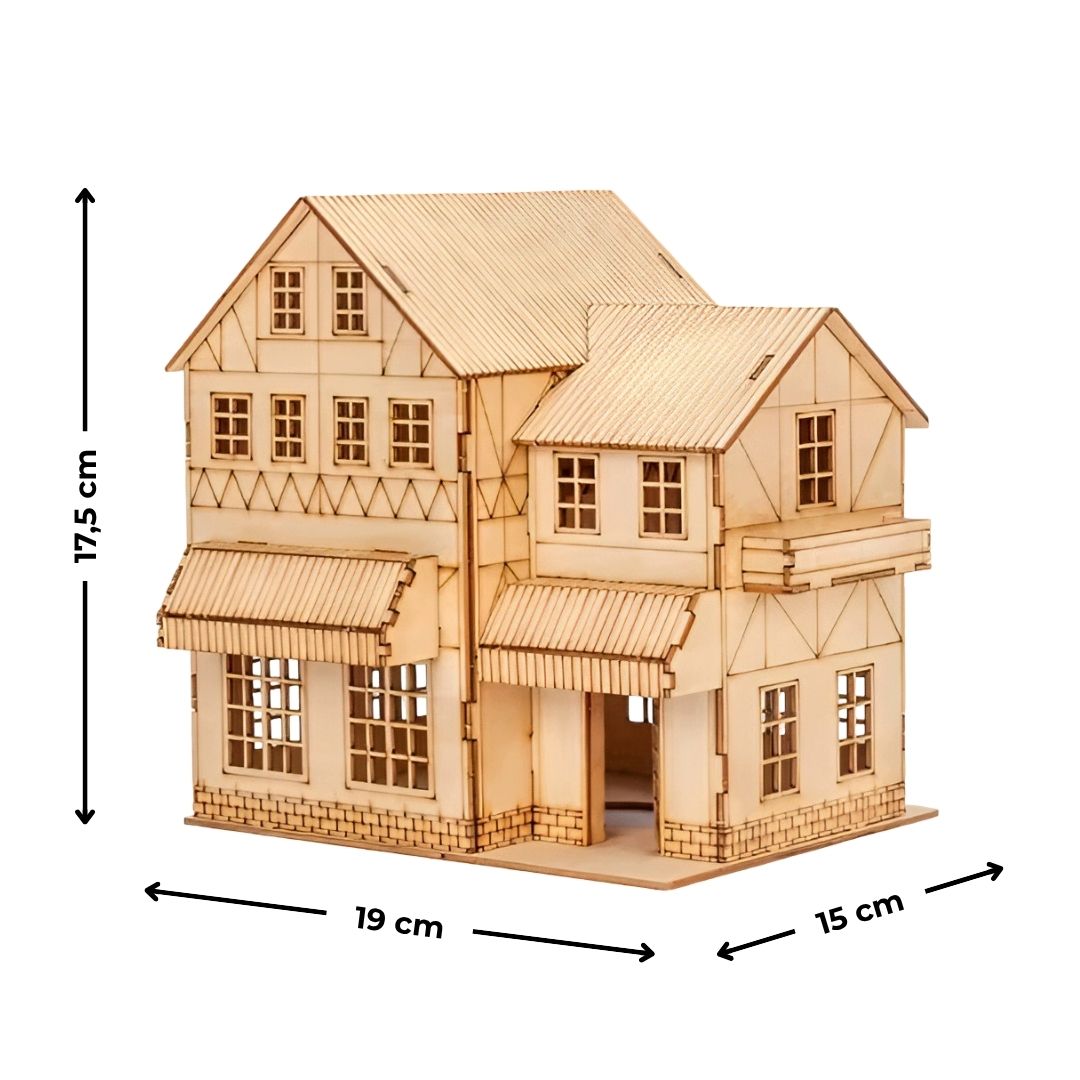Modelo C de maqueta de madera con medidas indicadas en cm; foto clara sobre fondo blanco para ficha y especificaciones.