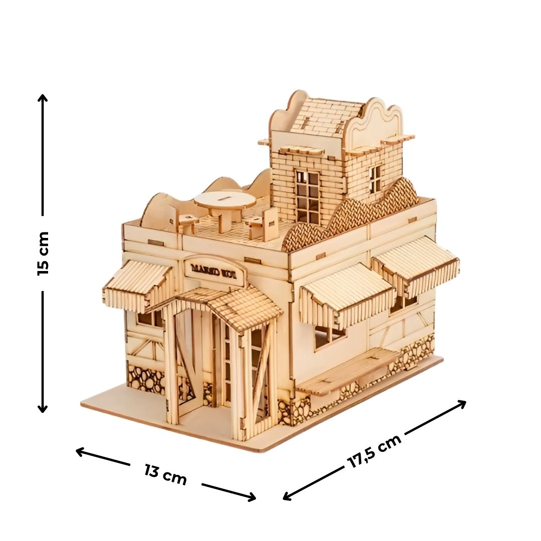 Modelo E de maqueta de madera con medidas en cm visibles; imagen para destacar la variación de modelos del listado.