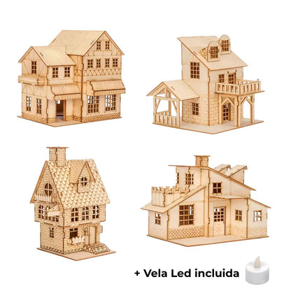 Kit DIY casas 3D en madera con vela electrónica escala 1:50 - paneles láser, instrucciones y acabado decorativo