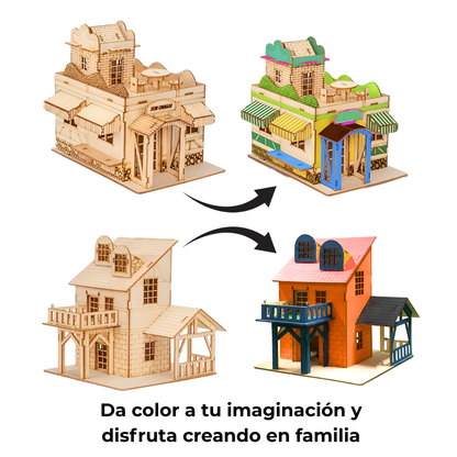 Comparativa antes y después: dos casas sin pintar y las mismas ya pintadas, mostrando la transformación creativa para toda la familia.