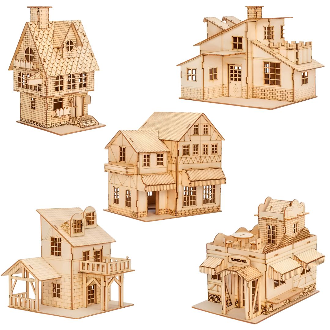 Conjunto de 5 maquetas de casas de madera 3D con vela LED sobre fondo blanco; kits listos para montar y decorar.