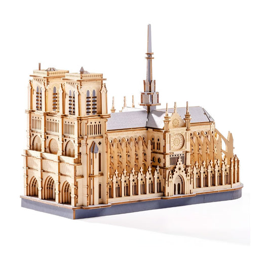 Rompecabezas 3D de madera de la Catedral de Notre Dame a escala 1:60, con 293 piezas y detalles góticos precisos, ideal para adultos y aficionados a la arquitectura.