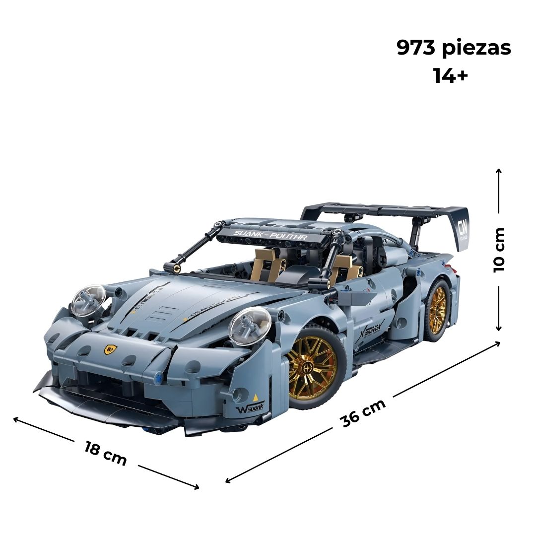 Medidas 18×36×10 cm del coche de bloques compatible con LEGO, 973 piezas, edad recomendada 14+, modelo técnico detallado.