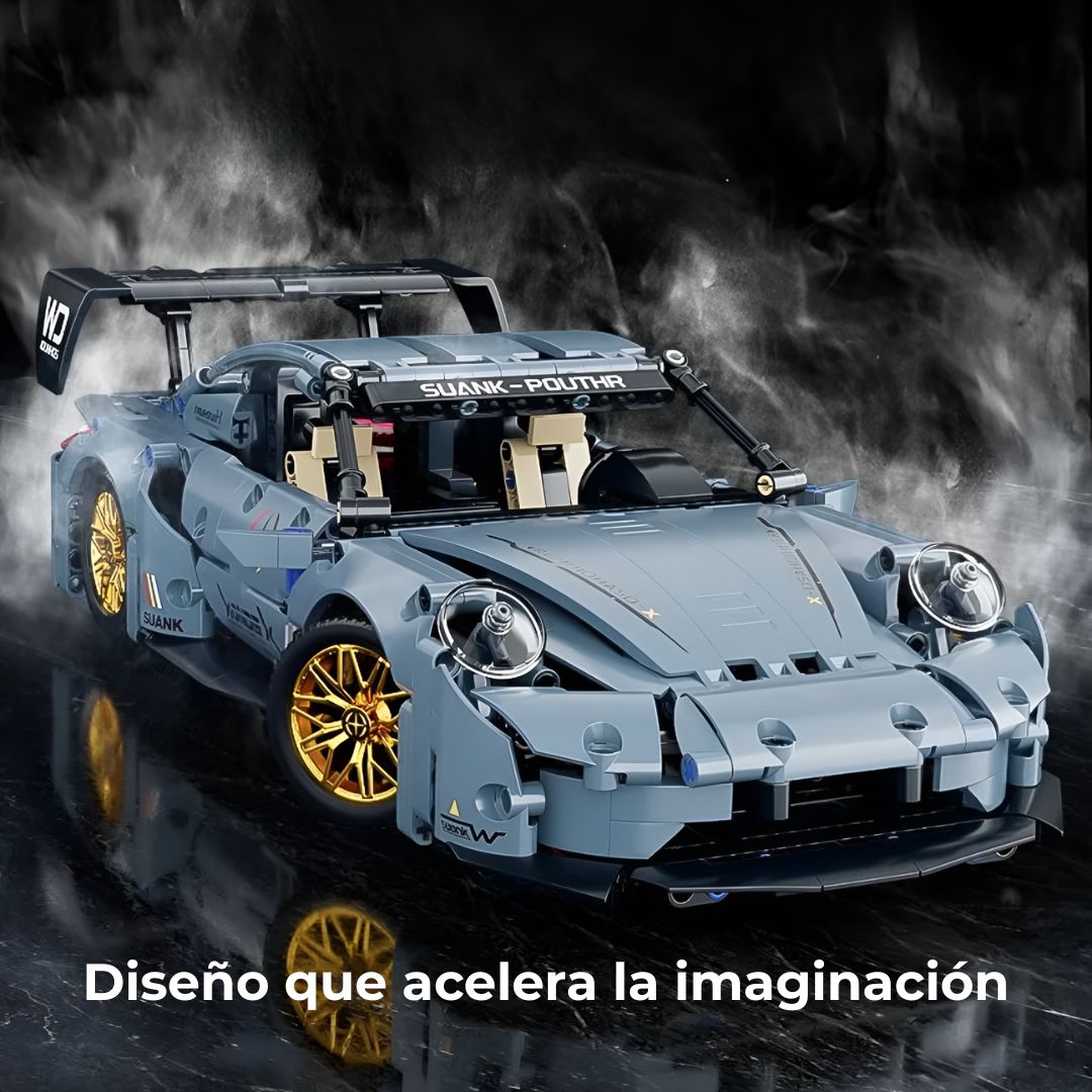 Coche de construcción en movimiento, set compatible con LEGO Technic; detalle deportivo y montaje realista