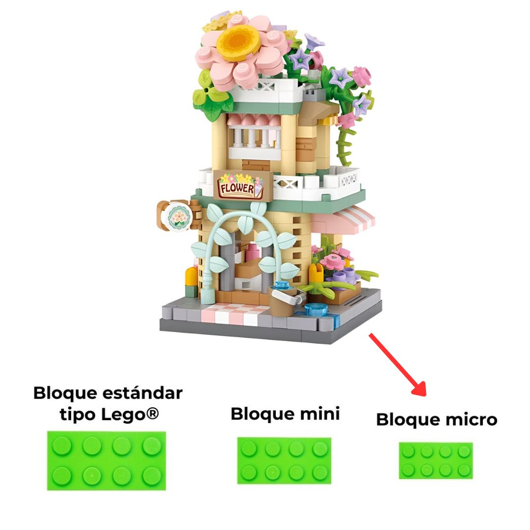 Imagen que muestra la compatibilidad del set de Tienda de Flores con bloques micro similares