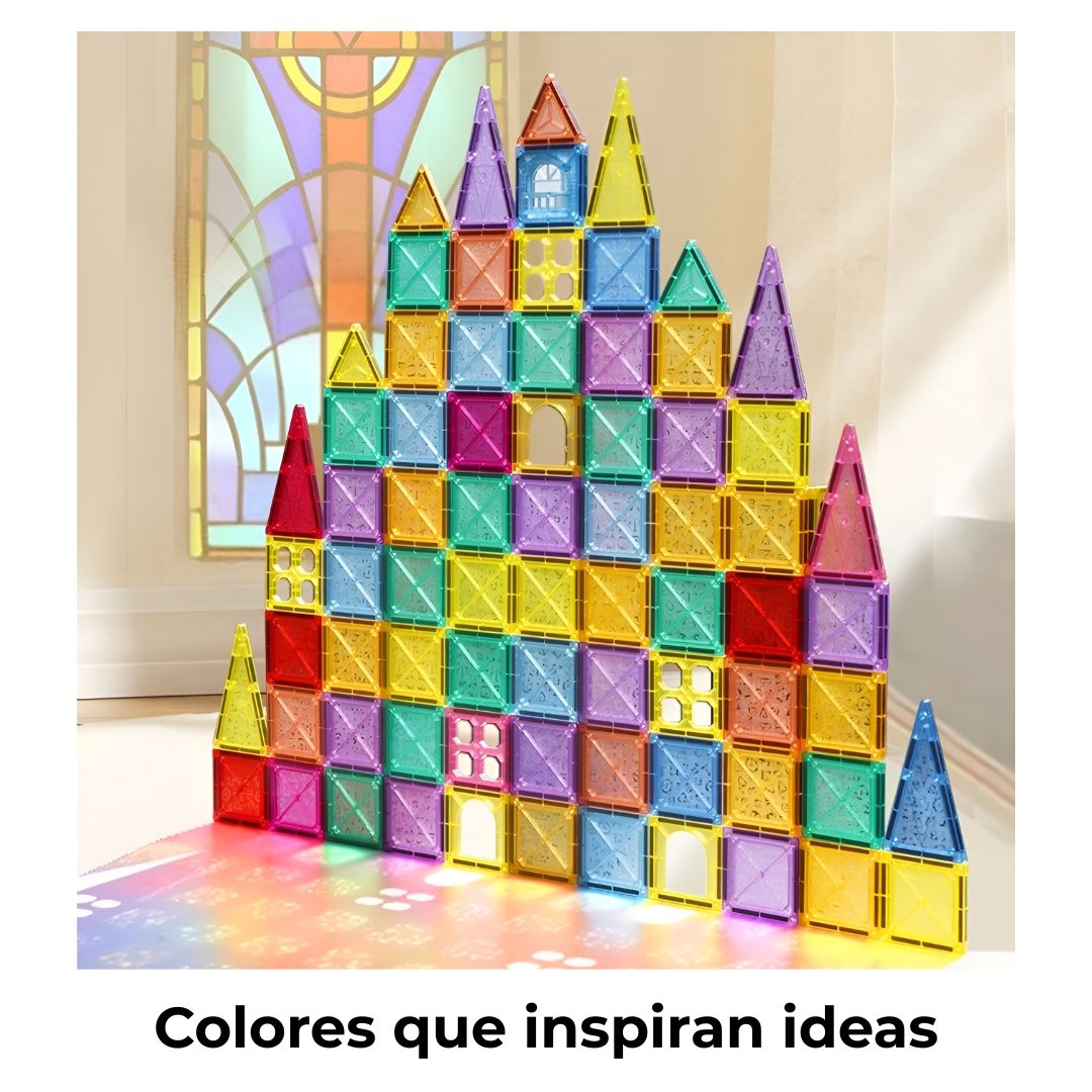 Construcción creativa con bloques magnéticos de colores variados, inspira ideas y aprendizaje