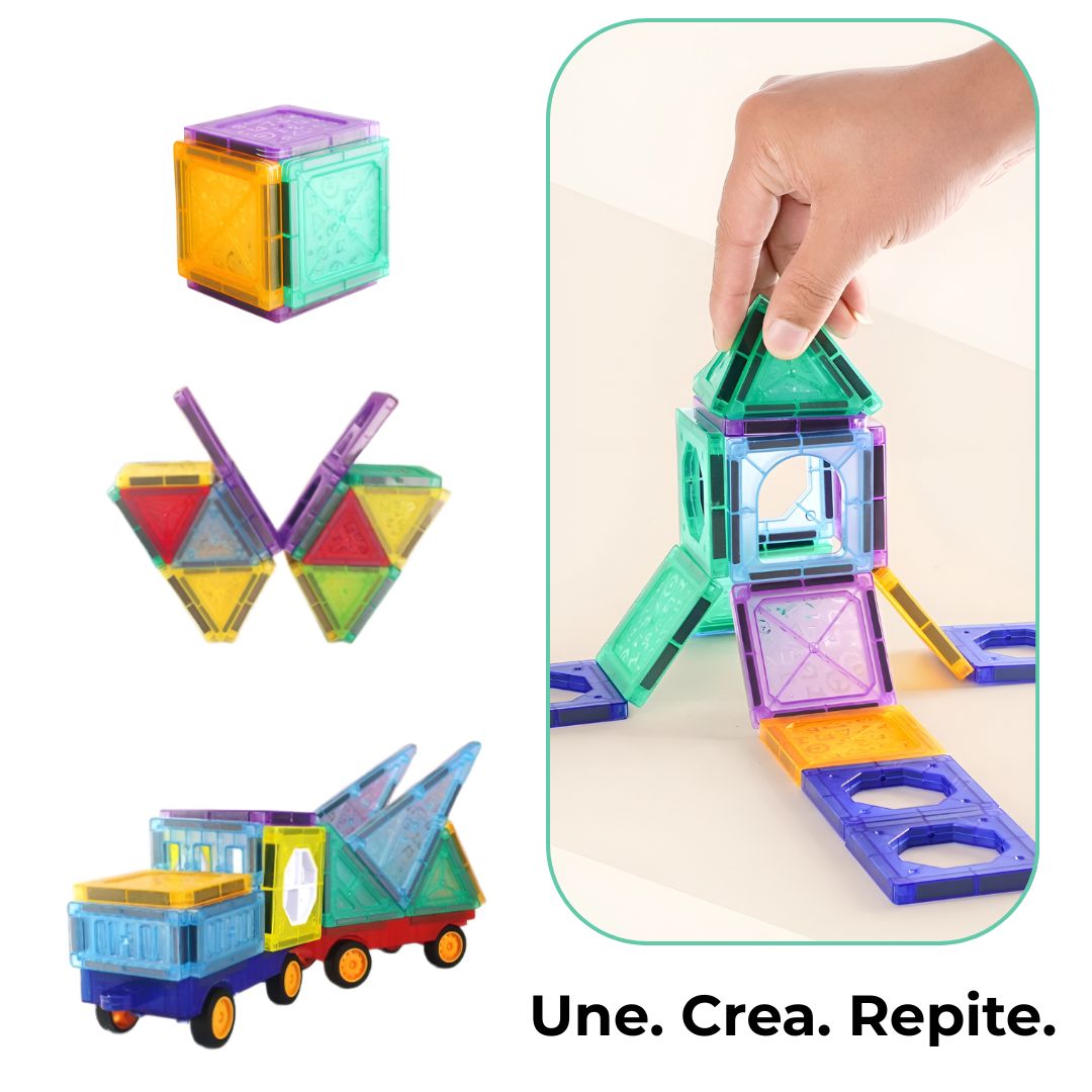 Cubo, mariposa y camión construidos con bloques magnéticos; une, crea, repite
