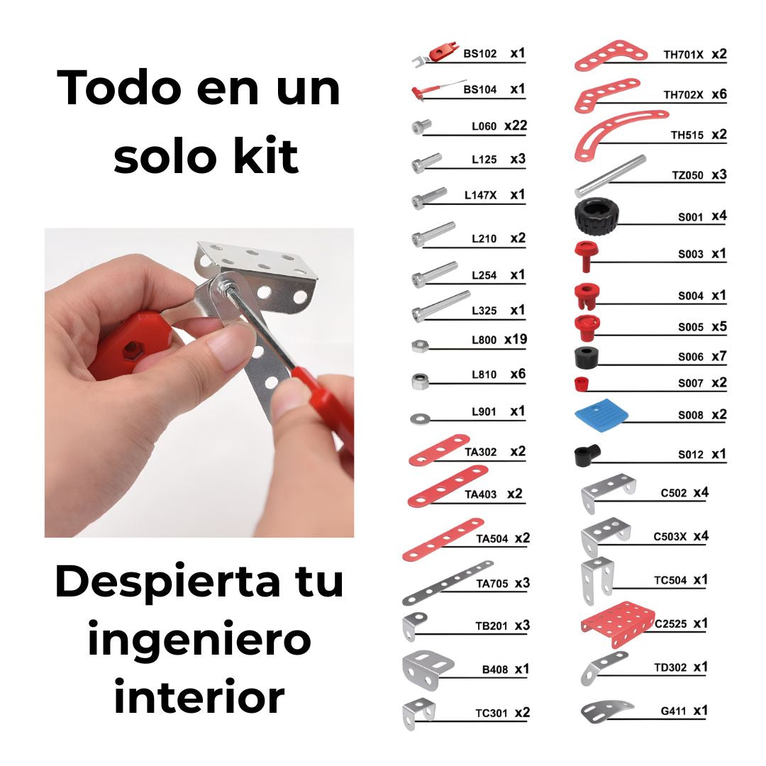 Contenido del Kit Metálico de Bomberos 4 en 1: piezas metálicas y herramienta en manos ensamblando componentes