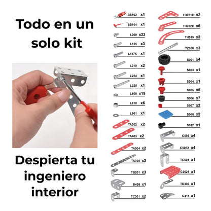 Contenido del Kit Metálico de Bomberos 4 en 1: piezas metálicas y herramienta en manos ensamblando componentes