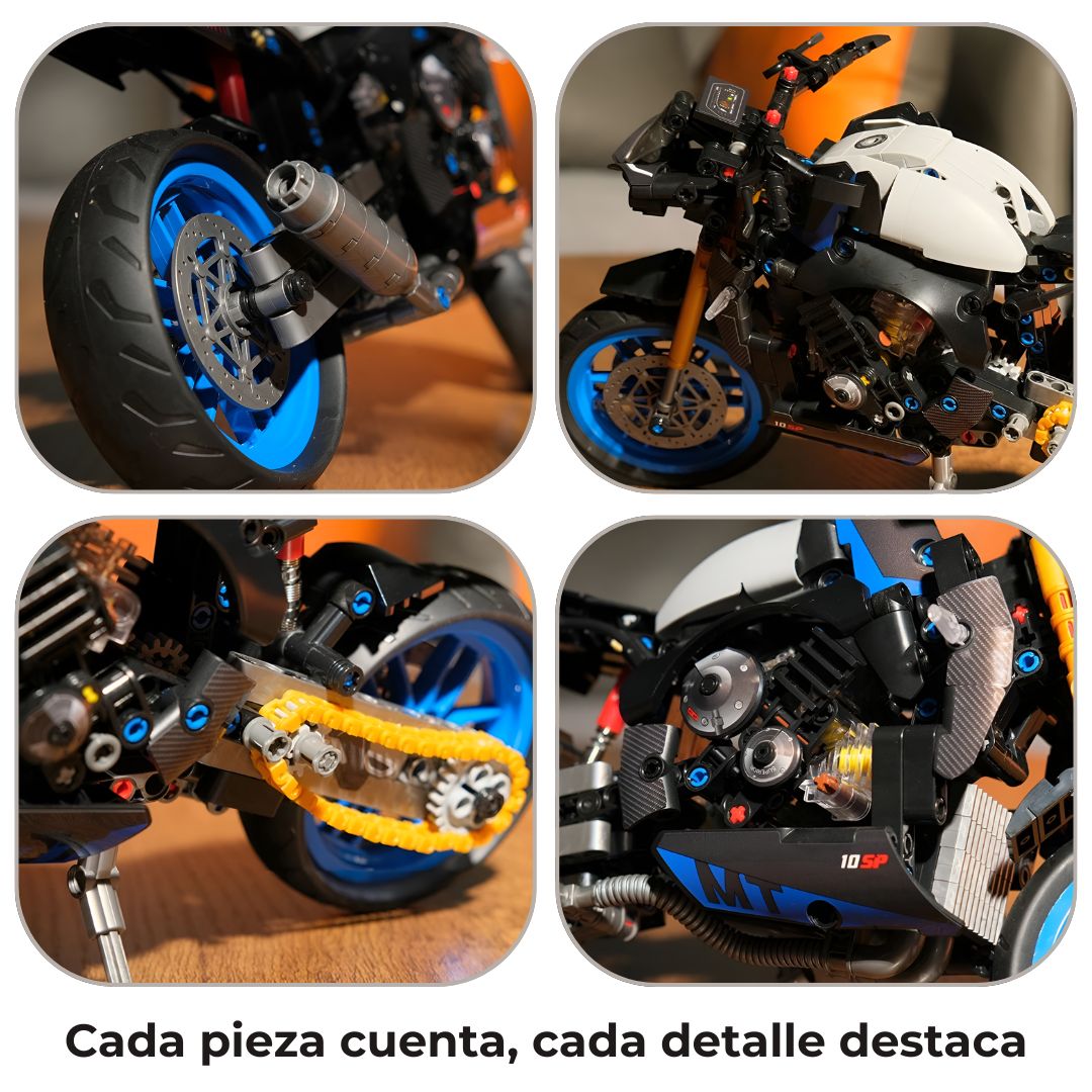 Detalle ampliado de partes mecánicas de moto de bloques Technic: estructura, suspensión, neumáticos y dirección realista.