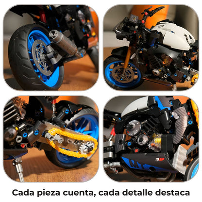 Detalle ampliado de partes mecánicas de moto de bloques Technic: estructura, suspensión, neumáticos y dirección realista.