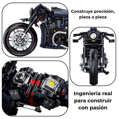 Primer plano de componentes mecánicos de la moto construida, resaltando detalles técnicos y precisión de ingeniería.