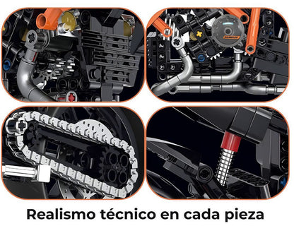 Detalles ampliados de componentes técnicos de la moto de bloques: motor, ruedas, frenos y estructura – realismo mecánico en cada pieza.