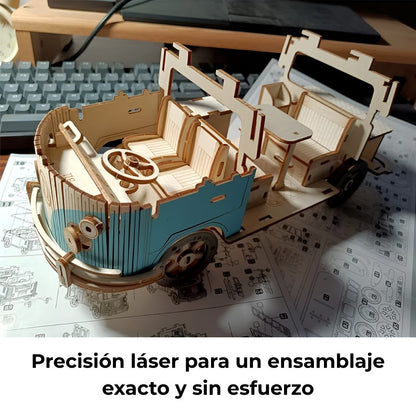 Rompecabezas 3D de furgoneta vintage de madera en proceso de ensamblaje con instrucciones, piezas de precisión láser.