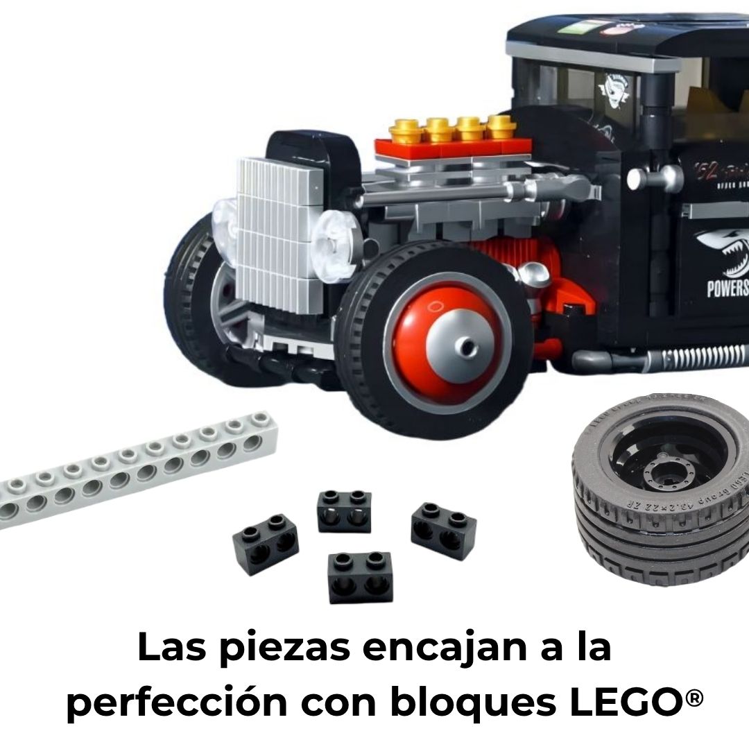 Hot Rod de bloques montado, rodeado de piezas tipo LEGO compatibles, demostrando su versatilidad