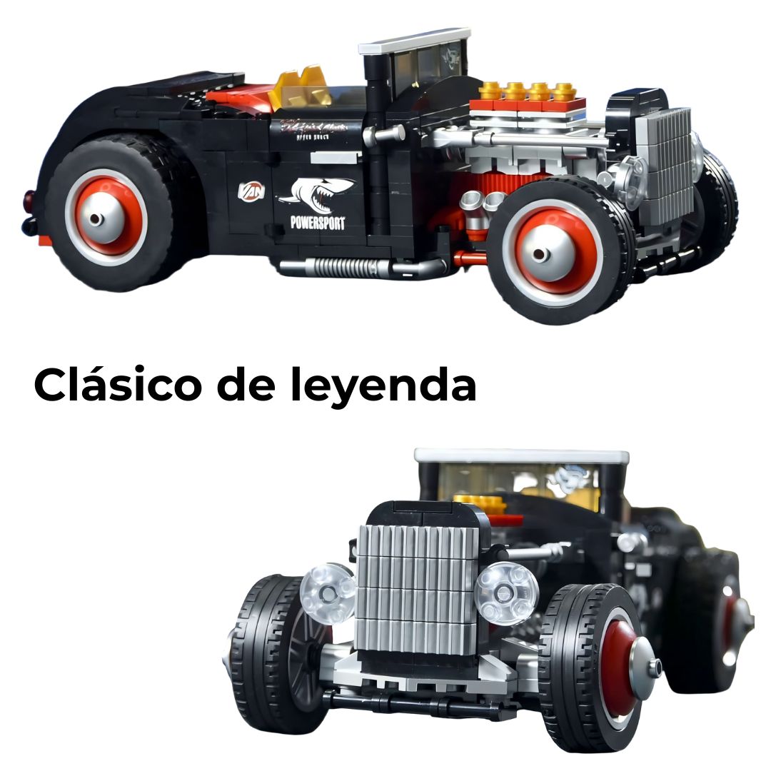 Hot Rod de bloques de construcción compatible con LEGO, vista frontal y lateral sobre fondo blanco