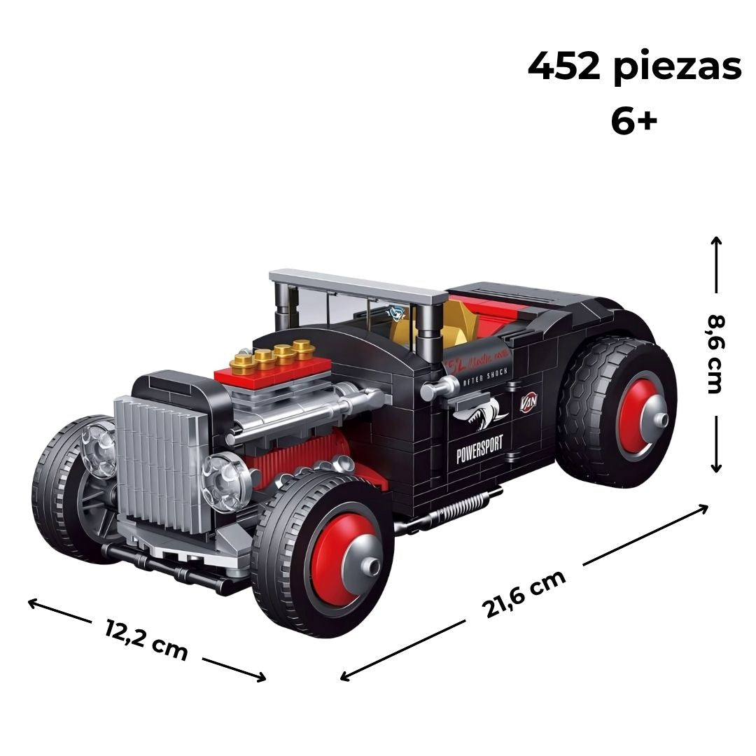 Hot Rod de bloques de construcción sobre fondo blanco con medidas en cm, edad recomendada 6+ y 452 piezas