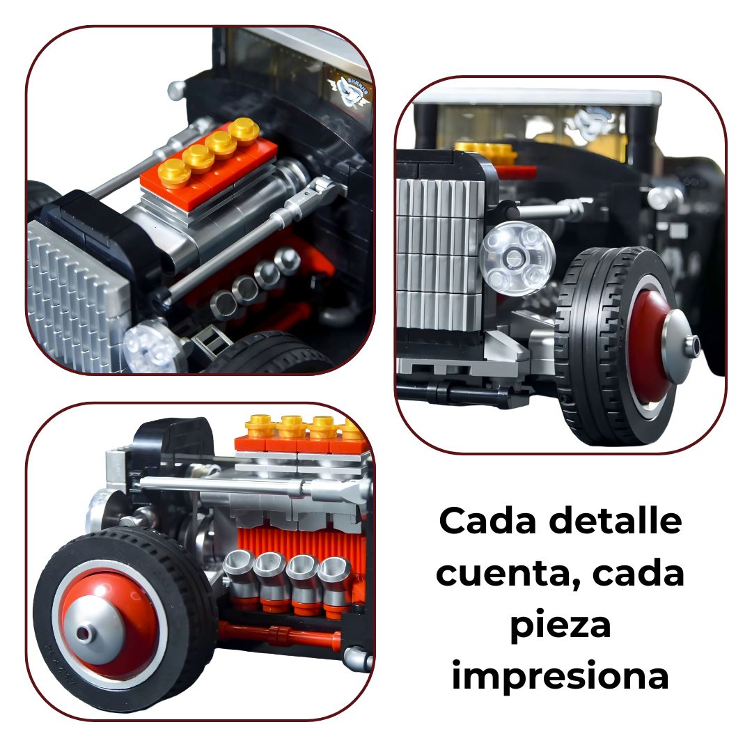 res primeros planos de detalles del Hot Rod: motor cromado, rueda texturizada e interior tapizado