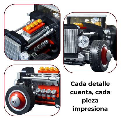 res primeros planos de detalles del Hot Rod: motor cromado, rueda texturizada e interior tapizado