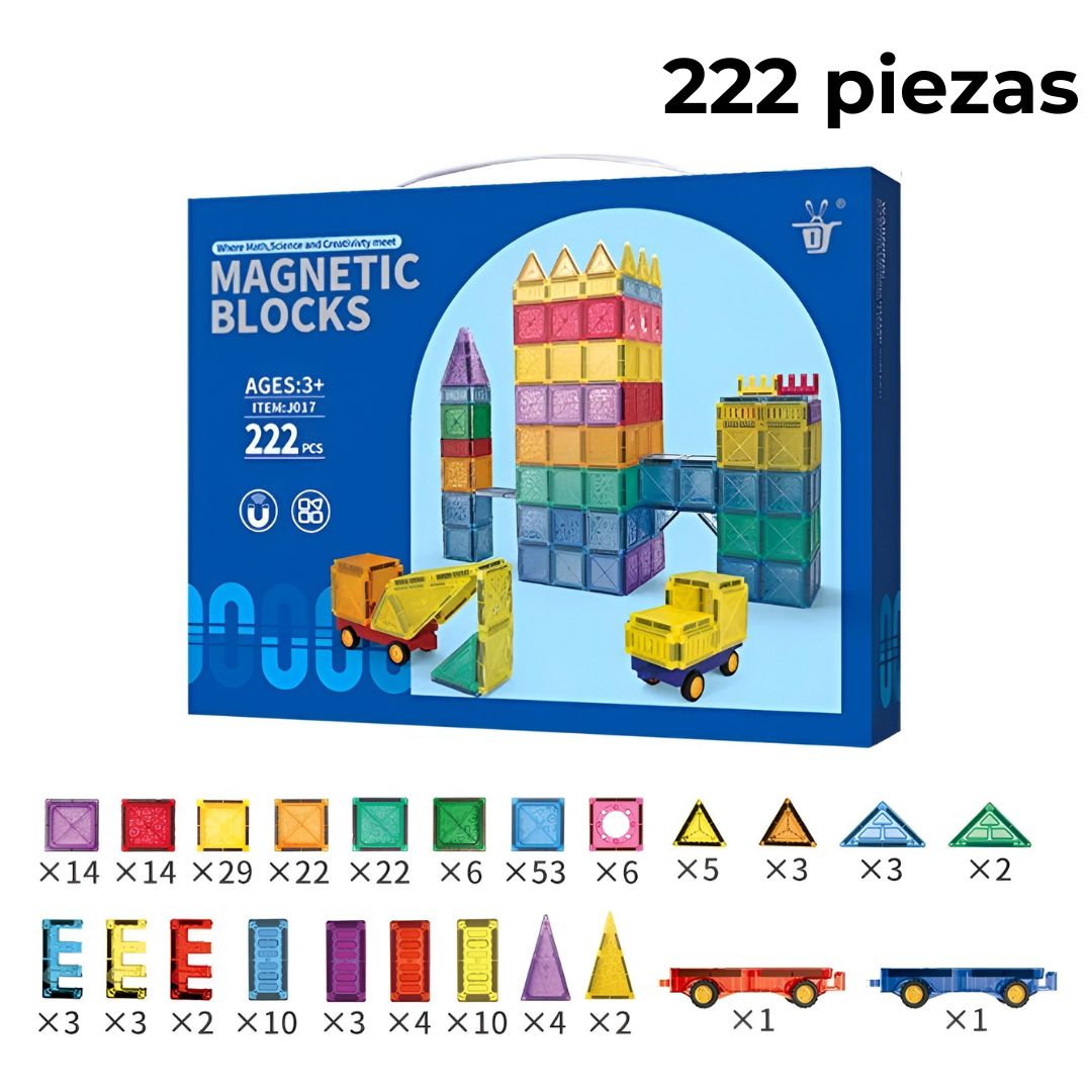 Presentación del kit de 222 bloques magnéticos, con caja y piezas indicadas por tipo
