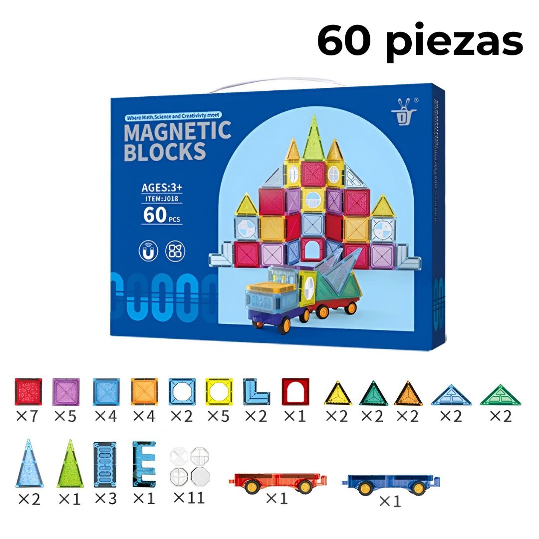  Presentación del kit de 60 bloques magnéticos, con caja y piezas indicadas por tipo