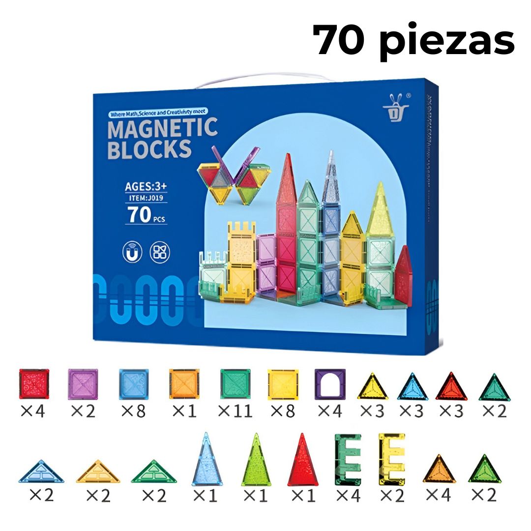  Presentación del kit de 70 bloques magnéticos, con caja y piezas indicadas por tipo