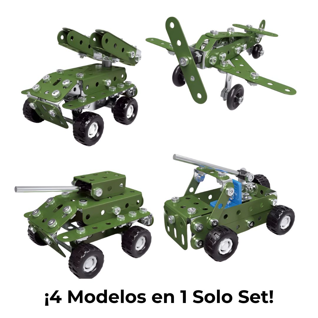 Kit metálico 4 en 1 con modelos de avión, tanque, camión y coche de asalto para armar