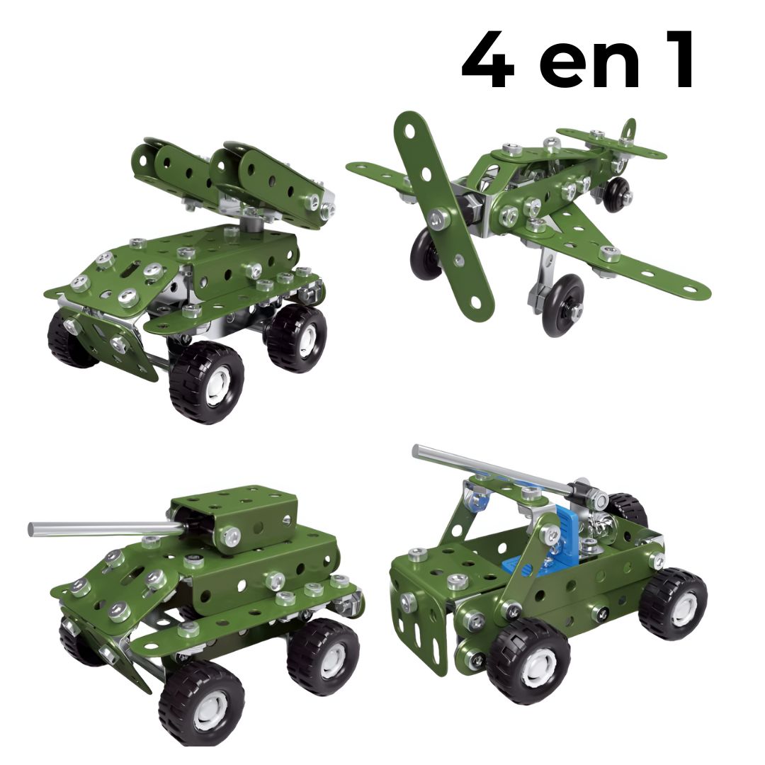 Set metálico 4 en 1 con avión, tanque, camión y coche de asalto