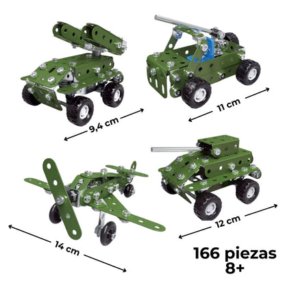 Kit metálico 4 en 1 con 166 piezas, dimensiones de cada modelo y recomendado para niños desde 8 años