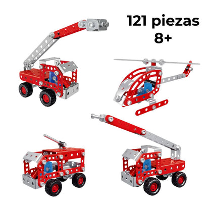 Cuatro vehículos de bomberos construidos con el kit metálico de 121 piezas edad recomendada 8 años 