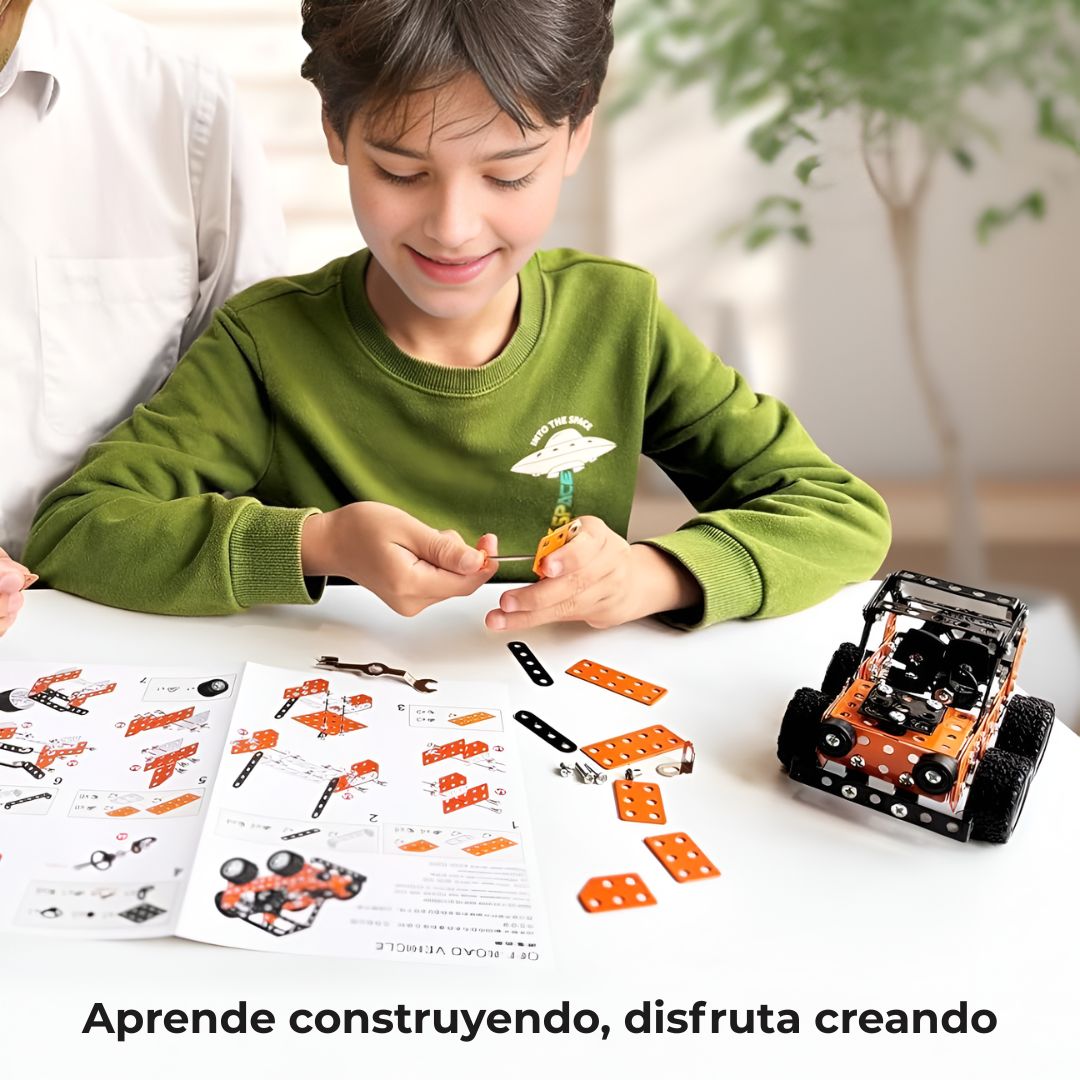 Kit de construcción metálico 3D | Coche todoterreno naranja STEM