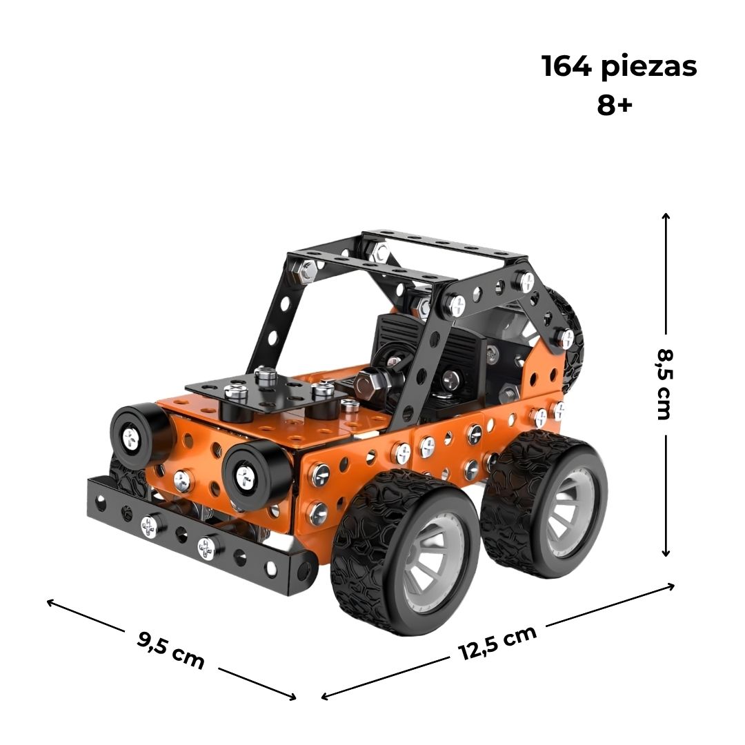 Dimensiones 12,5×9,5×8,5 cm; 165 piezas; edad recomendada 8+; coche todoterreno naranja de construcción metálica sobre fondo blanco.