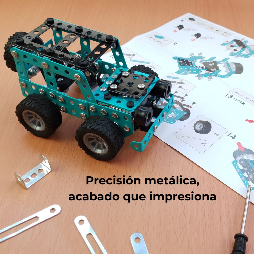 Kit de construcción metálico 3D | Jeep todoterreno STEM — modelo de ingeniería azul