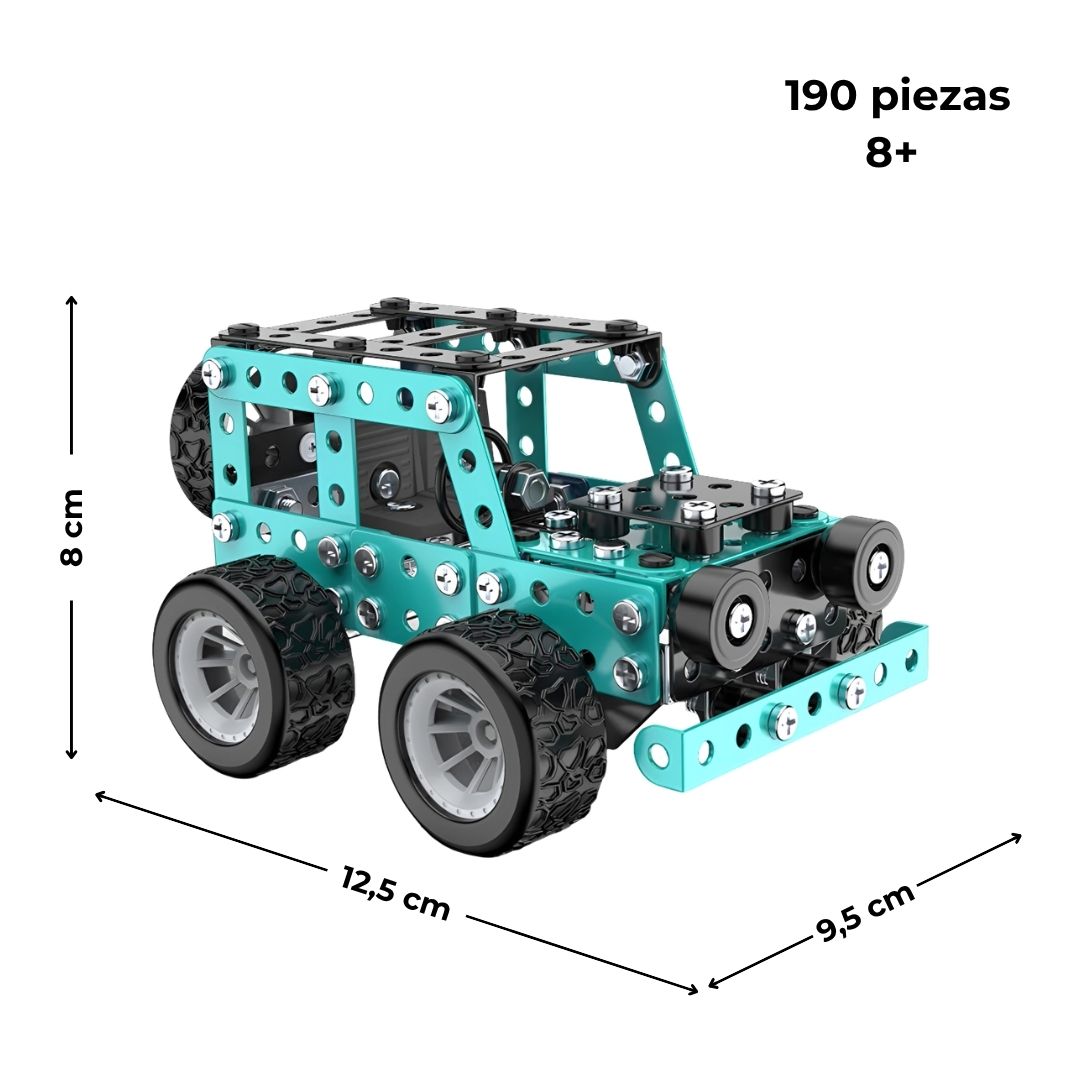 Dimensiones 12,5×9,5×8 cm; 190 piezas; edad recomendada 8+; kit de construcción metálico jeep todoterreno azul sobre fondo blanco.