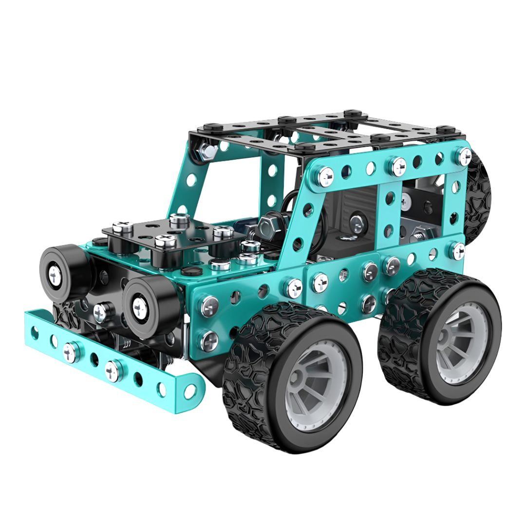 Kit de construcción metálico 3D tipo jeep todoterreno sobre fondo blanco, modelo STEM azul de ingeniería y montaje preciso.