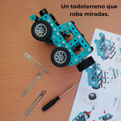 Kit de construcción metálico 3D | Jeep todoterreno STEM — modelo de ingeniería azul