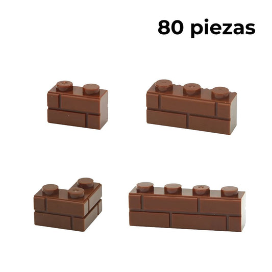Set de 80 ladrillos texturizados tipo muro compatibles con LEGO sobre fondo blanco